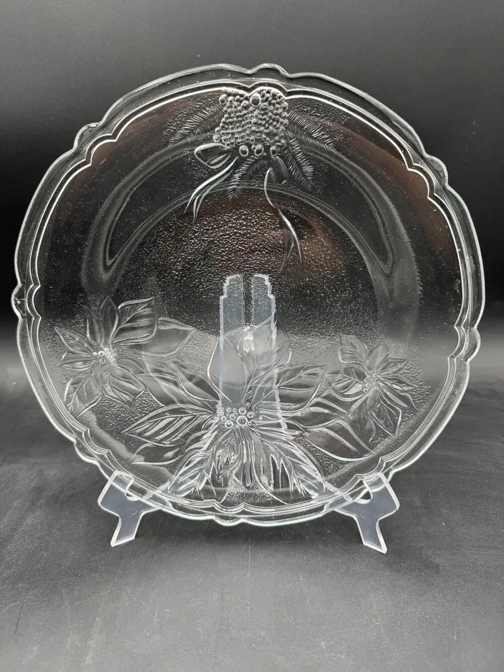 Vintage Poinsettia Christmas Platter Clear Tempered Glass 13